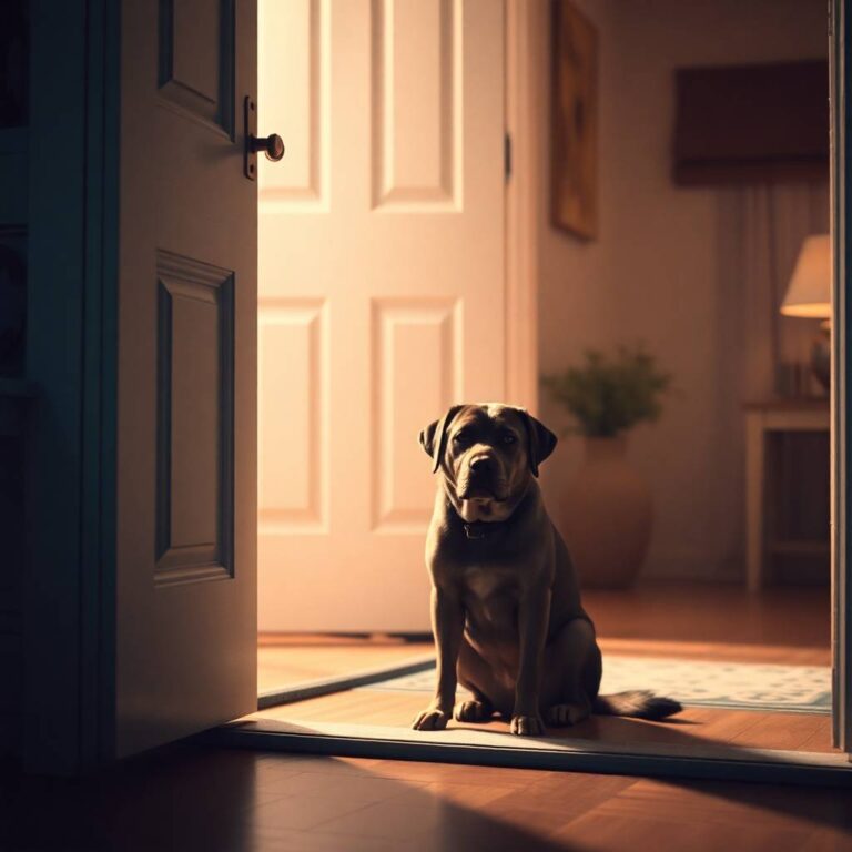 A dog with separation anxiety sitting by the door, looking sad and waiting for its owner to return