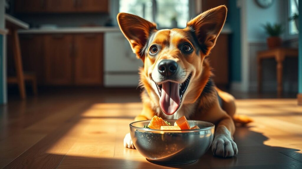 A relaxed dog lying on the floor next to a bowl of nutritious food, showing how a balanced diet can help reduce dog shedding and support a shiny, healthy coat.