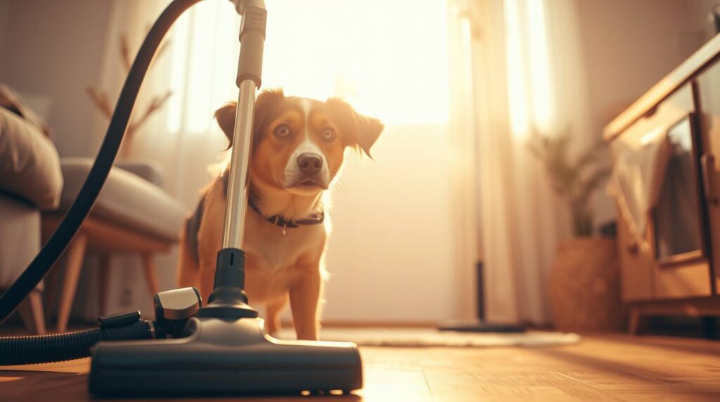 A frightened dog peeking nervously from behind a vacuum cleaner, showing the struggle with dog shedding and cleaning up pet hair at home.