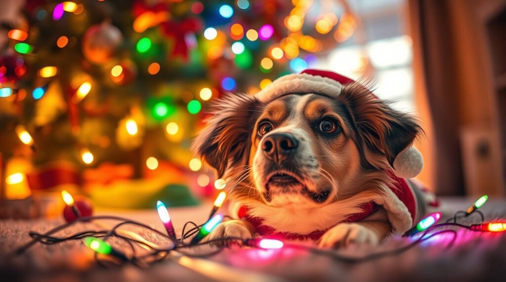A dog buried under colorful Christmas lights, wearing festive accessories, cozy and whimsical Christmas setting with decorated tree, perfect Christmas gifts for dog lovers.