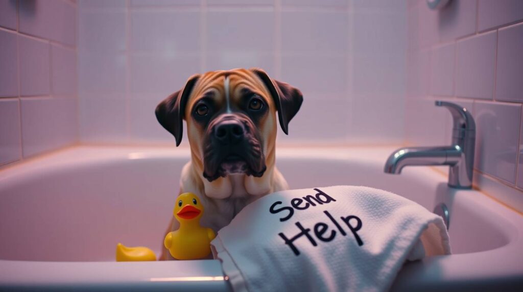 dog in bathtub looking distressed with a ‘Send Help’ sign, surrounded by rubber ducks, funny illustration about dog shedding
