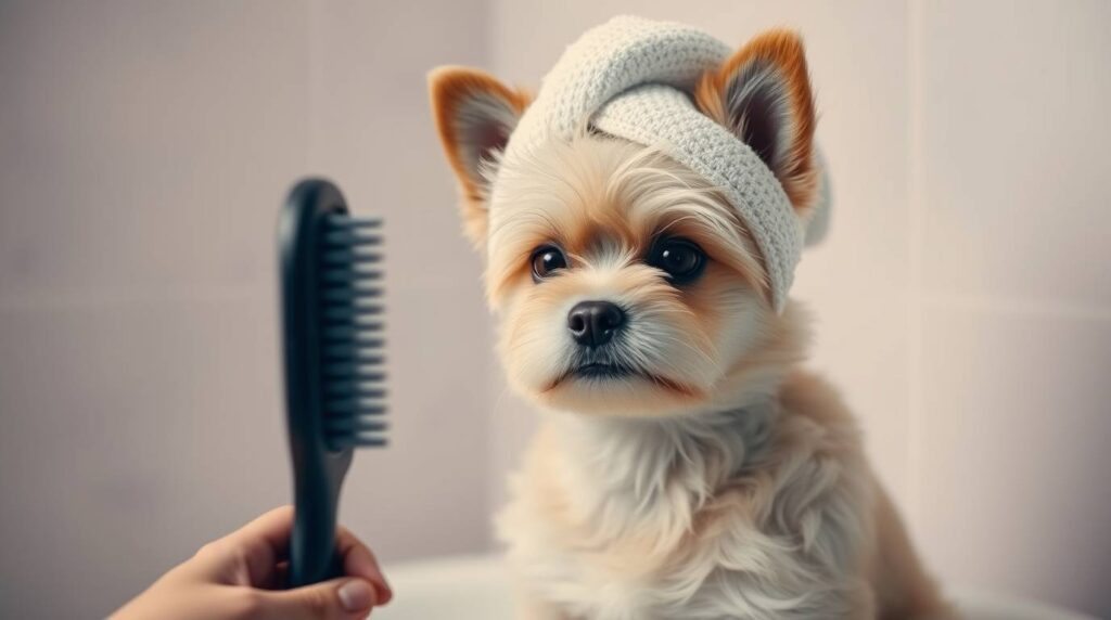 Cute cartoon-style dog wrapped in towel with head turban, looking suspiciously at a hairbrush, humorous spa scene, illustration about dog shedding and bath time