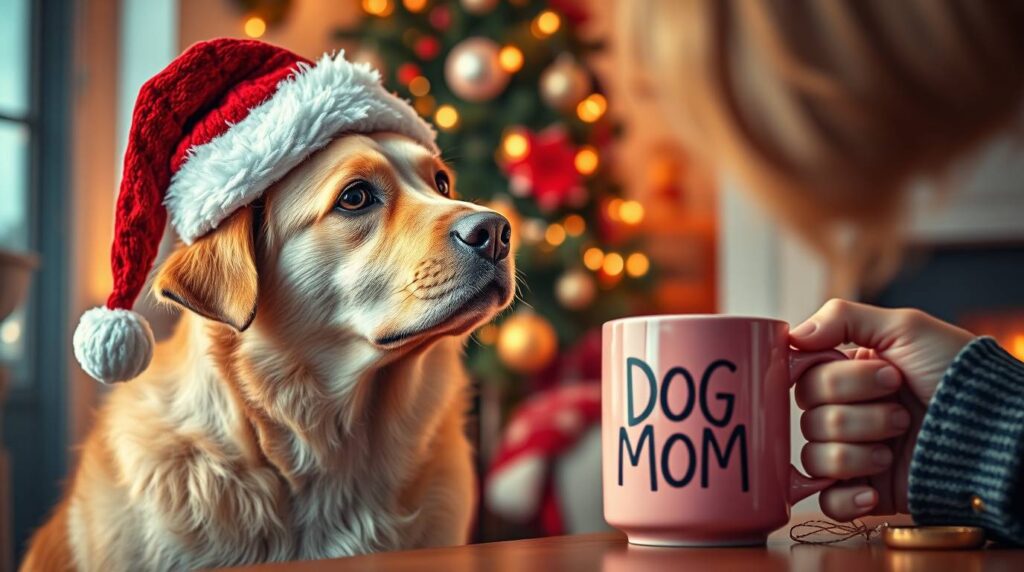 Dog wearing a festive hat watching a human holding a 'Dog Mom' mug, cozy Christmas setting with tree and decorations, perfect Christmas gifts for dog lovers.