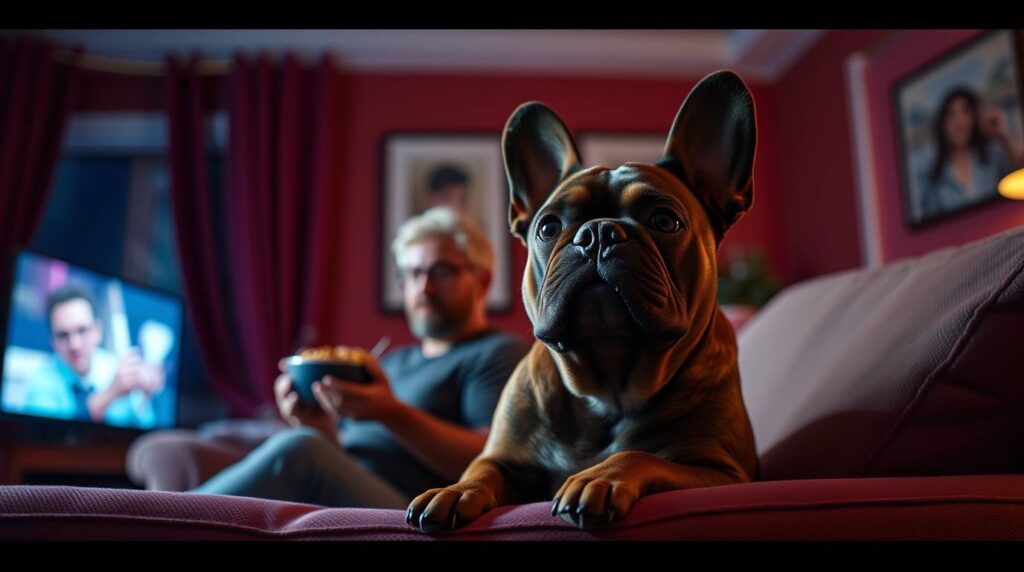 A French Bulldog, one of the best small dog breeds, sitting next to its owner on a cozy sofa while they watch TV,