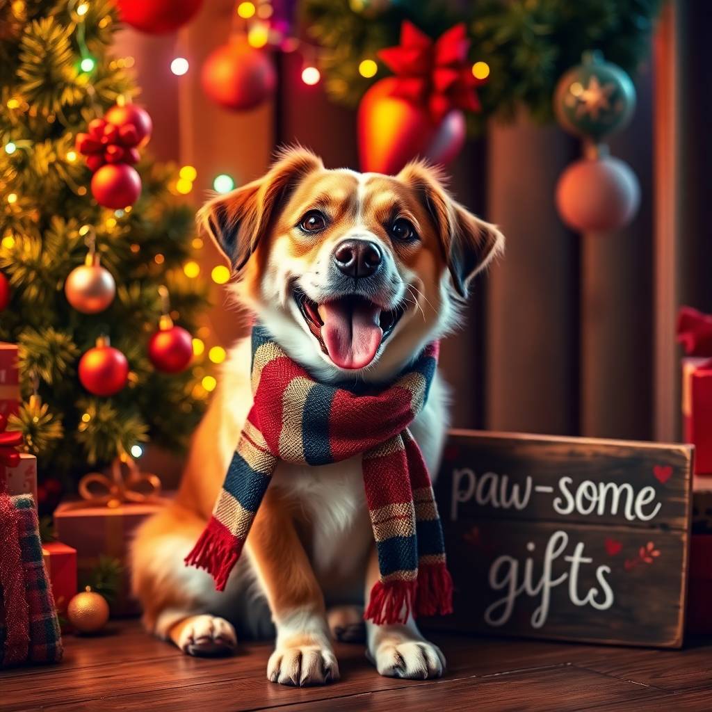 Happy dog wearing a festive scarf sitting by holiday decorations with a sign that reads 'paw-some gifts', cozy warm Christmas setting, perfect Christmas gifts for dog lovers.