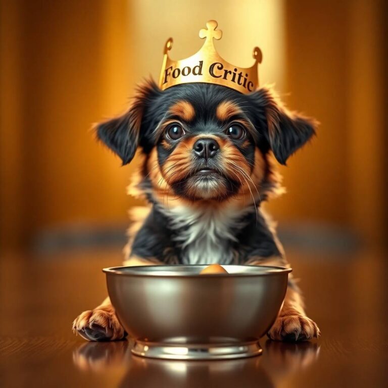 A cute dog crowned as a Food Critic sits before a bowl of holistic dog food — symbolizing the joy and wellness of natural pet nutrition.