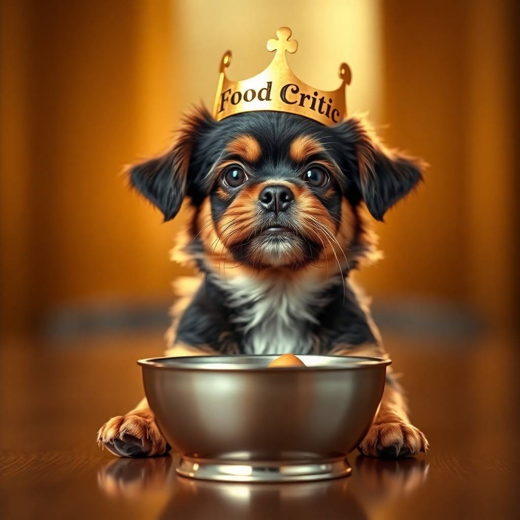 A cute dog crowned as a Food Critic sits before a bowl of holistic dog food — symbolizing the joy and wellness of natural pet nutrition.