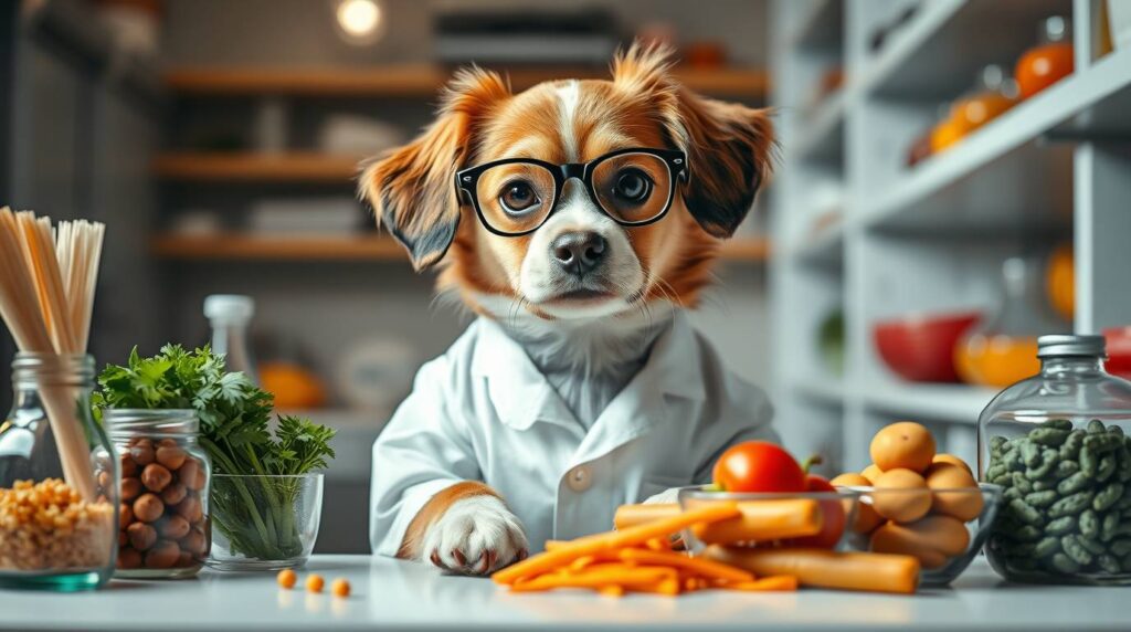 A dog in a laboratory, wearing a tiny lab coat and glasses, carefully selecting fresh and healthy ingredients for holistic dog food