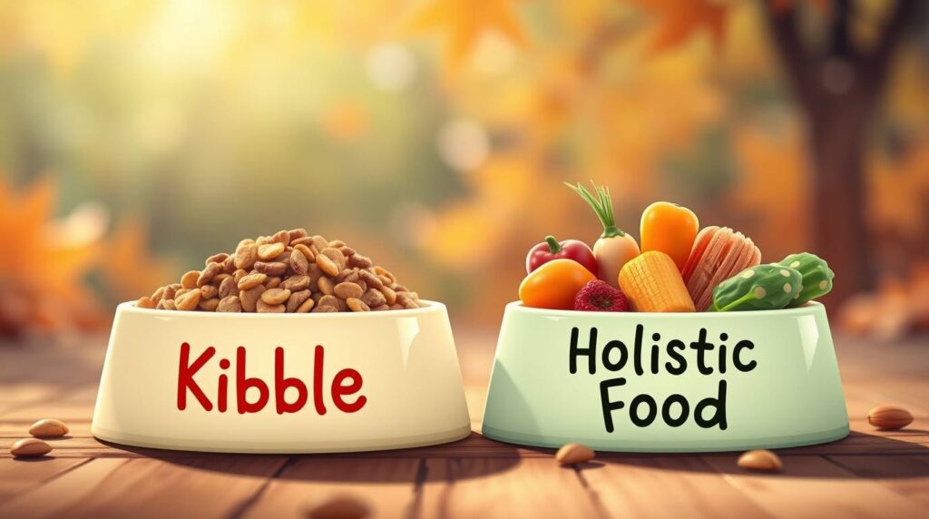 A warm, autumn-themed illustration showing two dog bowls side by side—one labeled “Kibble” filled with plain dry food, and the other labeled “Holistic Dog Food” brimming with colorful, fresh ingredients, symbolizing the difference in quality and nutrition
