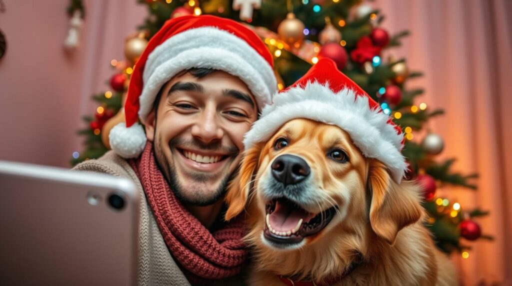 a smiling human and playful dog wearing matching Santa hats taking a selfie in front of a decorated Christmas tree with colorful lights, perfect Christmas gifts for dog lovers.