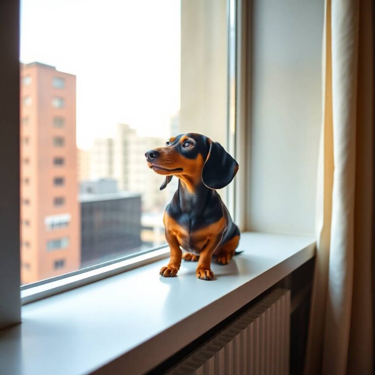 A Miniature Dachshund, one of the best small dog breeds sitting calmly on a windowsill looking out thoughtfully as if observing city life