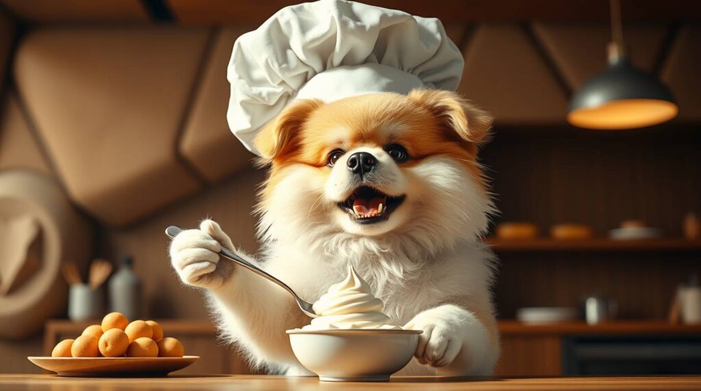 A cute fluffy dog wearing a small chef's hat, holding a tiny spoon over a bowl of yogurt, looking proud and playful. scene illustrating probiotics for dogs.