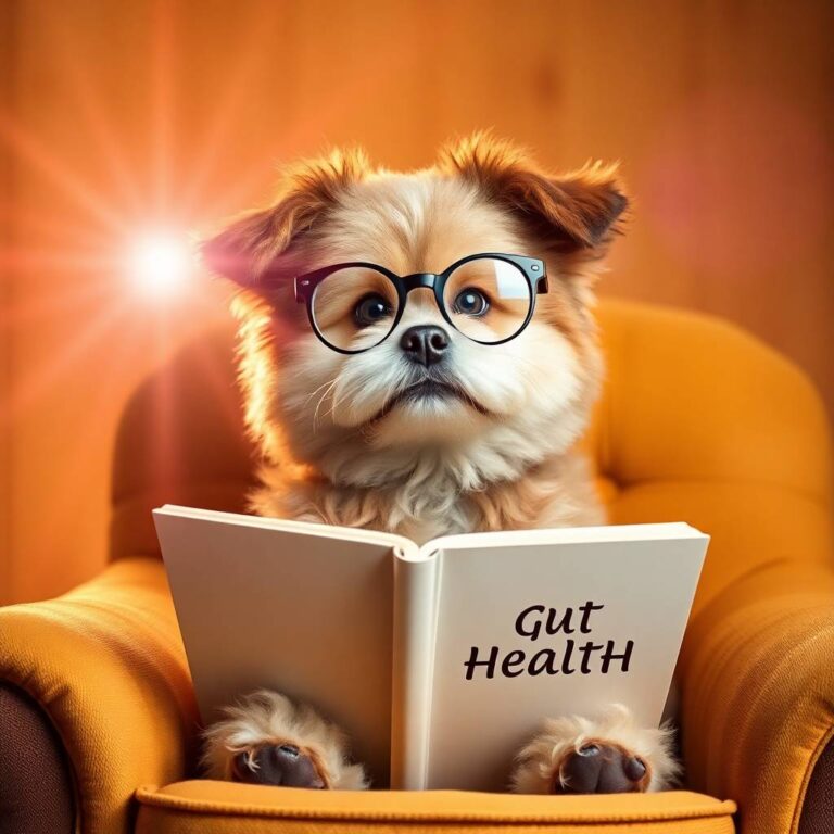 A cute fluffy dog sitting in a cozy armchair, wearing round glasses and looking at a book titled Gut Health. scene illustrating probiotics for dogs