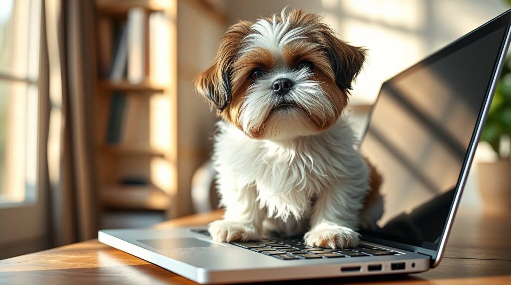 A cute Shih Tzu one of the best small dog breeds sitting on a laptop keyboard, looking like it is working remotely, in a cozy home office 