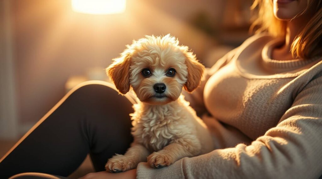 A small Toy Poodle, one of the best small breeds lying comfortably on its owner’s lap, 