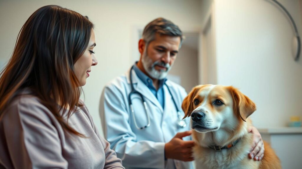 Veterinarian calmly talking with pet owner and dog in clinic about separation anxiety in dogs