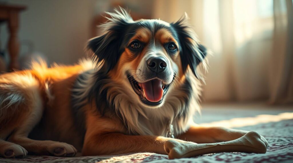 A relaxed dog lying down with a bone next to its paw, showing good bone health supported by dog vitamins and supplements.