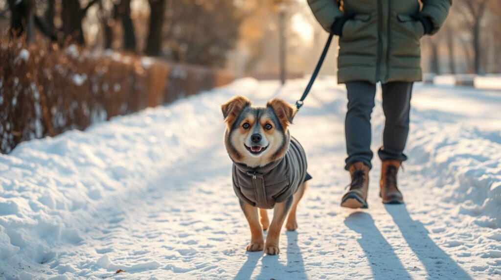 A cozy daylight scene of dog walking in winter, showing an owner and a medium-sized dog in a cute winter coat walking happily through a snowy park under gentle sunlight.