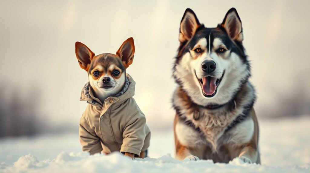 Funny winter scene of a husky in a warm coat next to a shivering chihuahua in snow, illustrating why proper gear matters for dog walking in winter.