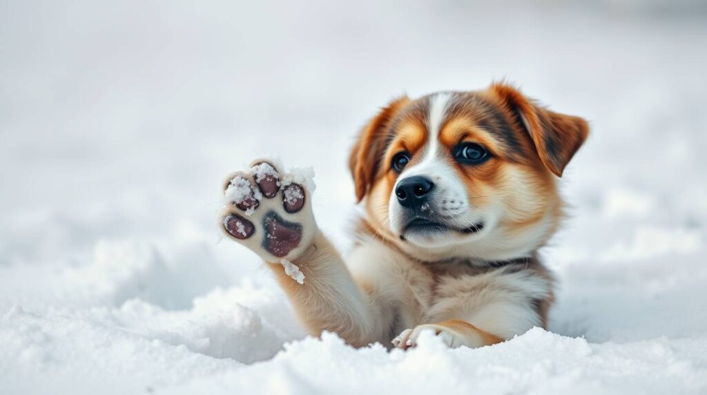 dog lifting its paw on a snowy sidewalk covered with salt, showing the importance of paw protection during dog walking in winter