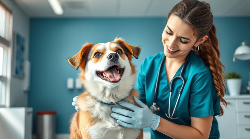 A veterinarian examining a healthy dog and showing dog vitamins and supplements during a routine check-up.