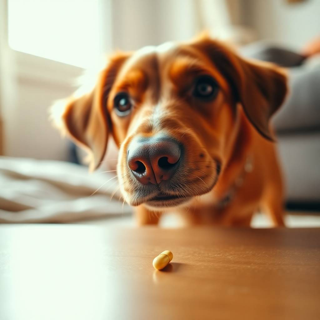 A curious dog sniffing a vitamin tablet showing interest in dog vitamins and supplements.