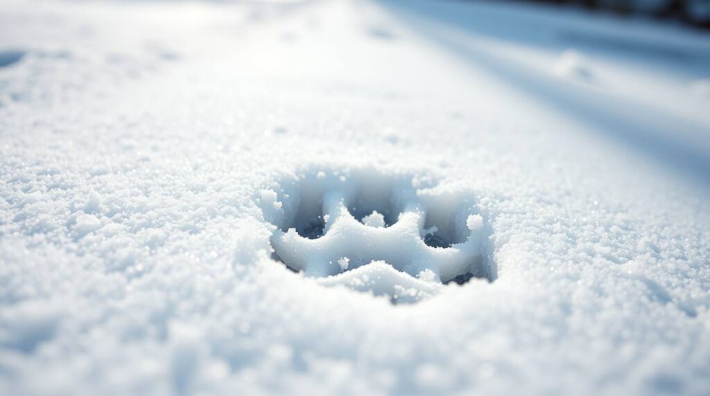 Single dog paw print in fresh snow, illustrating winter puppy care and the importance of protecting paws from cold and ice