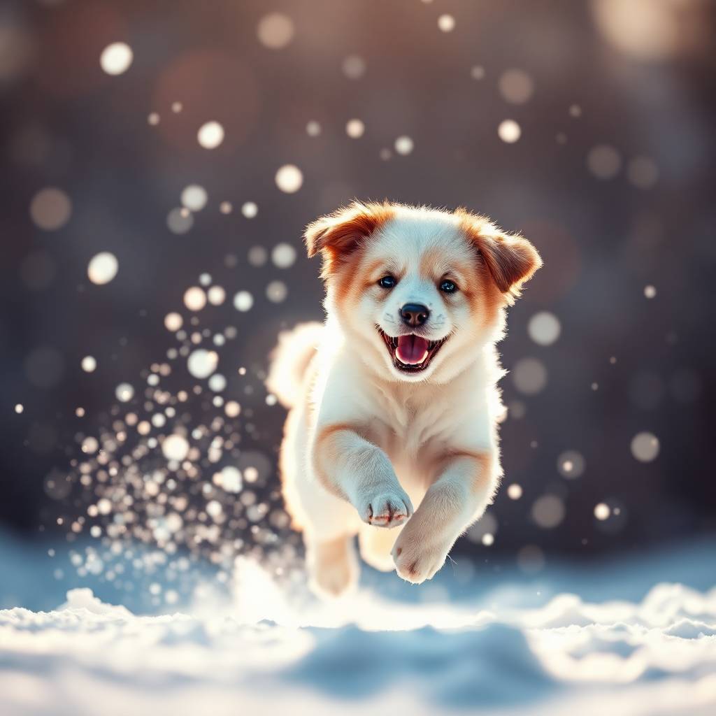 Fluffy puppy joyfully jumping through fresh snow, illustrating winter puppy care and safe, fun outdoor activities