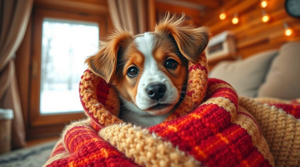 Puppy wrapped in a cozy blanket indoors after a winter walk, illustrating winter puppy care and keeping puppies warm and safe from frostbite and cold