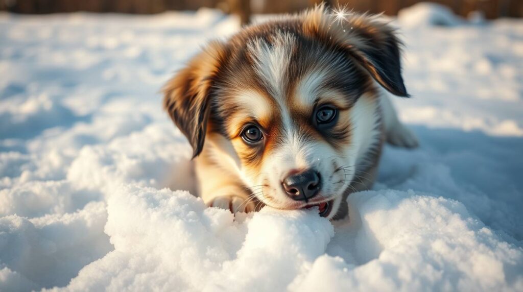 Puppy eating fresh snow outdoors, illustrating winter puppy care and the importance of proper nutrition and hydration