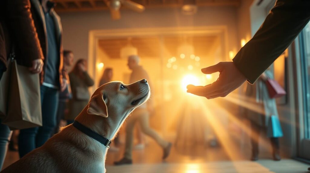 Dog politely sniffing an outstretched hand indoors with blurred guests and movement in the background, illustrating how to prepare your dog for the holidays in a calm and controlled way.