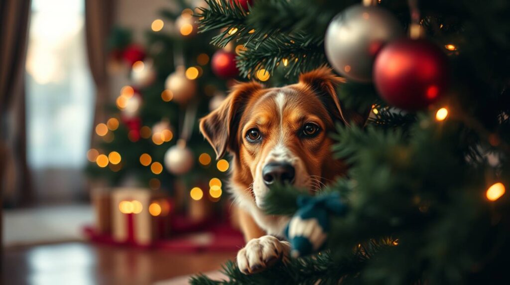 Dog hiding behind a Christmas tree with only paws or nose visible in a cozy living room, illustrating how to prepare your dog for the holidays in a humorous and festive way