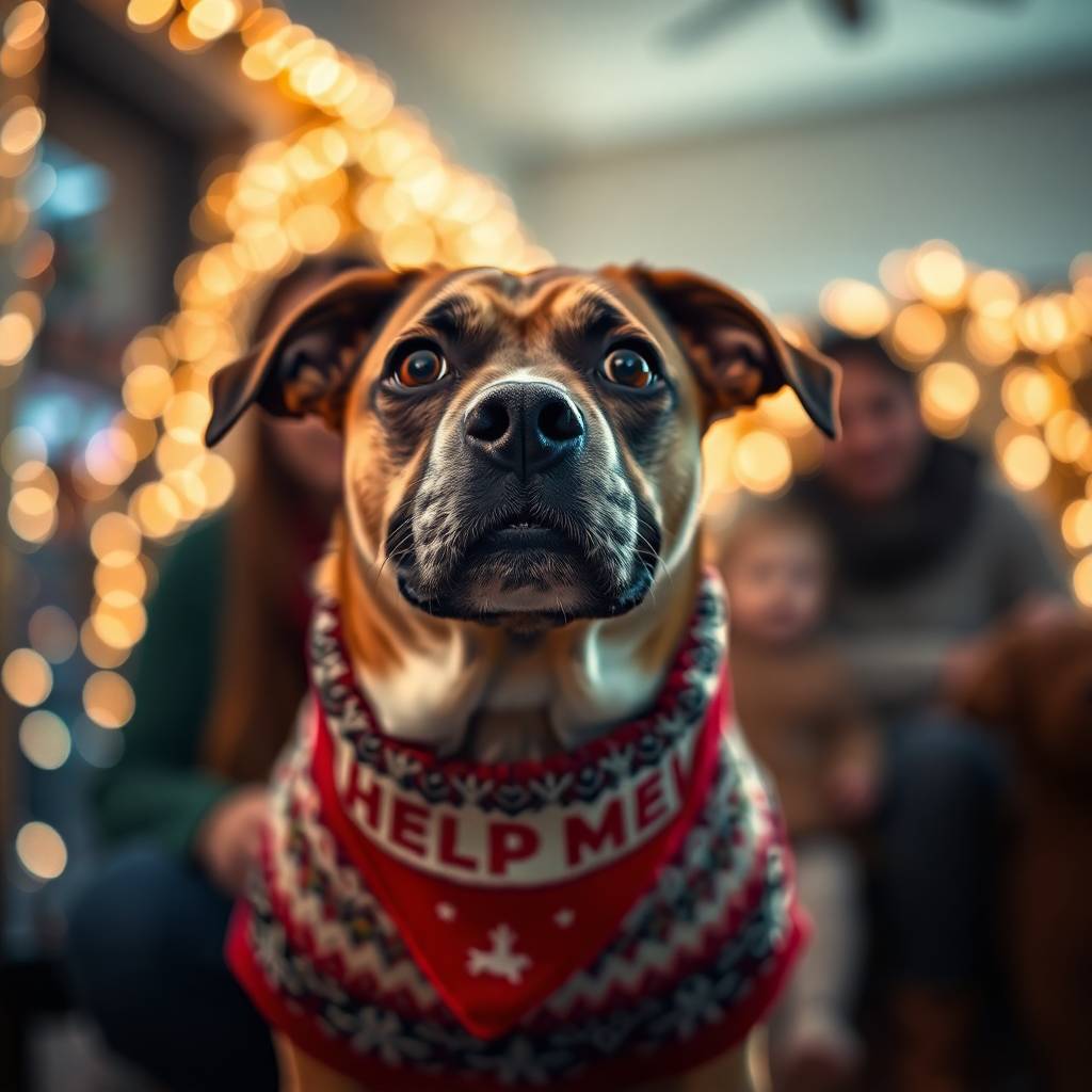 Funny dog in a Christmas sweater giving a dramatic ‘help me’ look with a blurred family in the background, showing how to prepare your dog for the holidays in a humorous way.