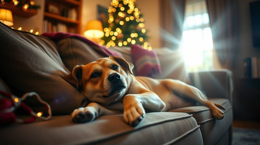 Tired dog sprawled on a sofa after a holiday gathering with a Christmas hat nearby, showing how to prepare your dog for the holidays in a humorous and relaxed way.